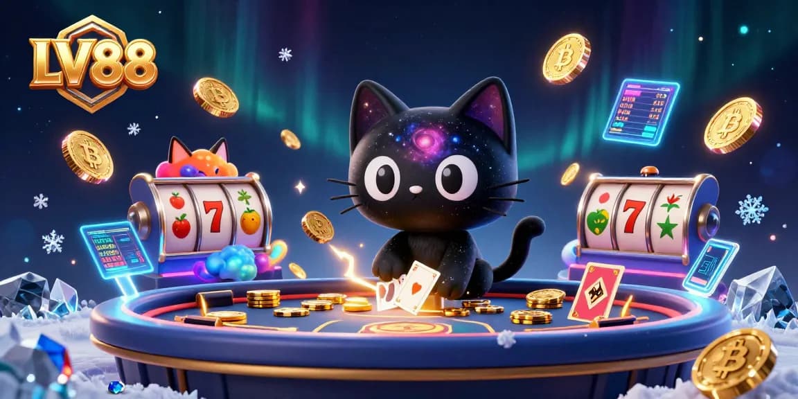 Win at LV88 with a vibrant cosmic casino scene showcasing a black hole cat and fox among slot reels and crypto elements.