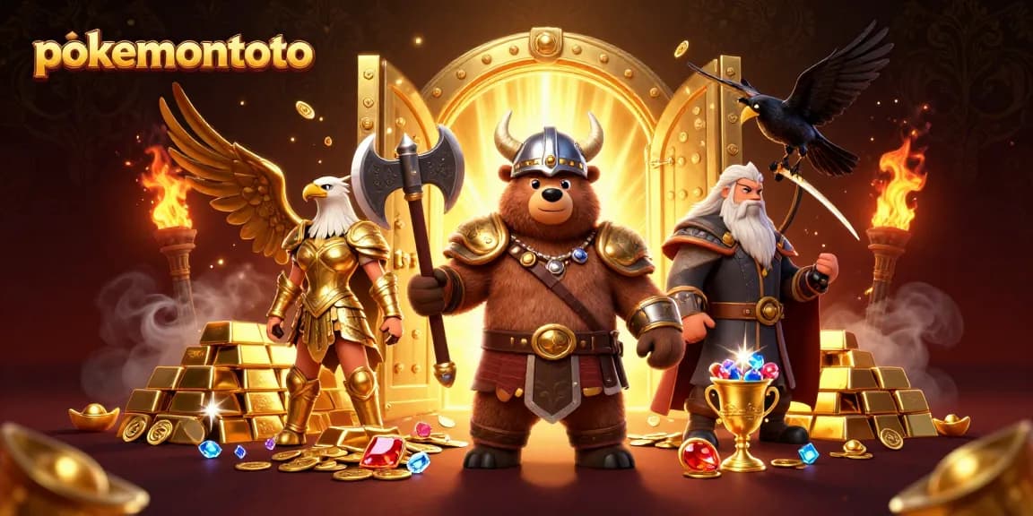 Pokemontoto menampilkan ilustrasi kasino dengan karakter beruang Viking dan elang Valkyrie dikelilingi emas dan permata.