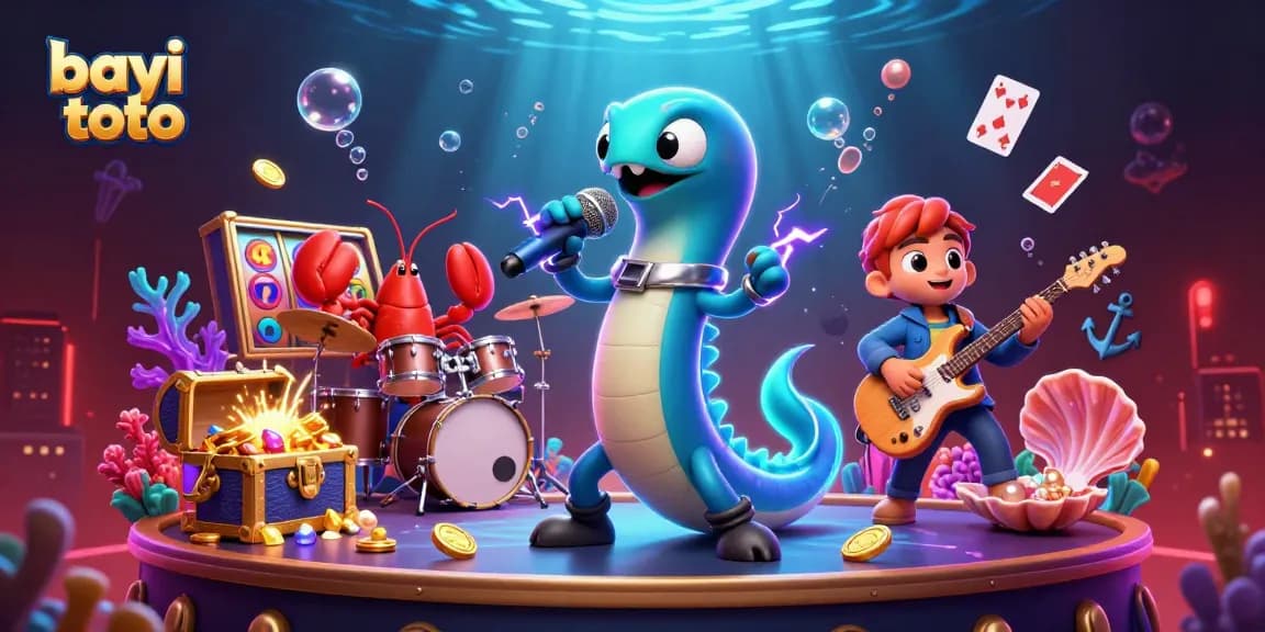 Bayi toto showcases a vibrant underwater casino stage featuring an electric eel DJ, lobster drummer, and seahorse guitarist.