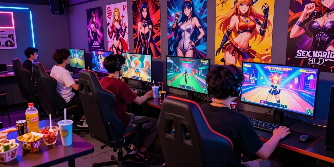 Interactive scene of players enjoying hentai games, showcasing diverse gaming characters and vibrant visuals.
