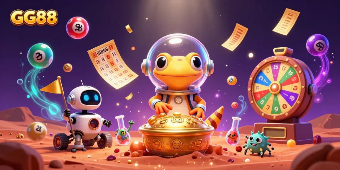GG88 mascot Martian gecko exploring a golden casino with vibrant lottery elements around, enhancing the gaming excitement.
