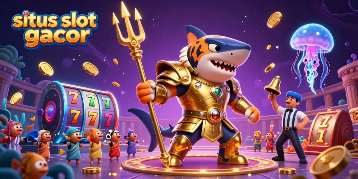 Experience the excitement of situs slot gacor with a tiger shark gladiator in a vibrant casino scene.