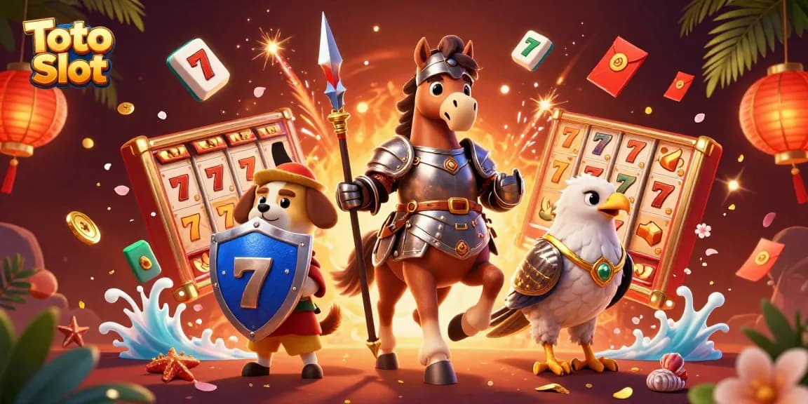 Toto Slot players engaging in a vibrant casino experience with knights, luck symbols, and dynamic game elements.