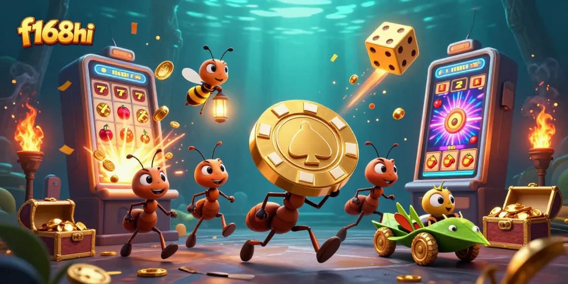 Experience thrilling wins at f168hi with a team of cartoon ants heisting golden poker chips amidst a colorful casino explosion.