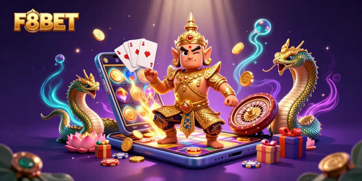 Experience thrilling wins at F8BET with a colorful 3D illustration showcasing dynamic gambling elements.