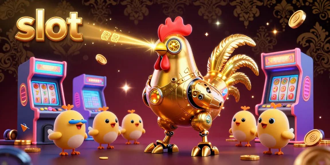 Experience thrilling slot action with a golden rooster robot and baby chick drones in a colorful casino scene.