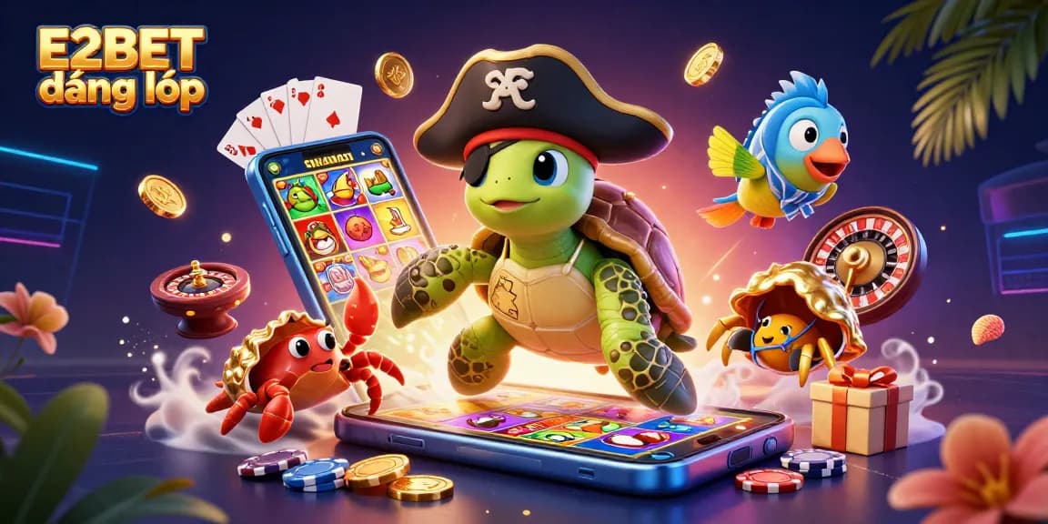 Experience E2BET đăng nhập with lively characters amidst a vibrant casino scene filled with treasure and game elements.
