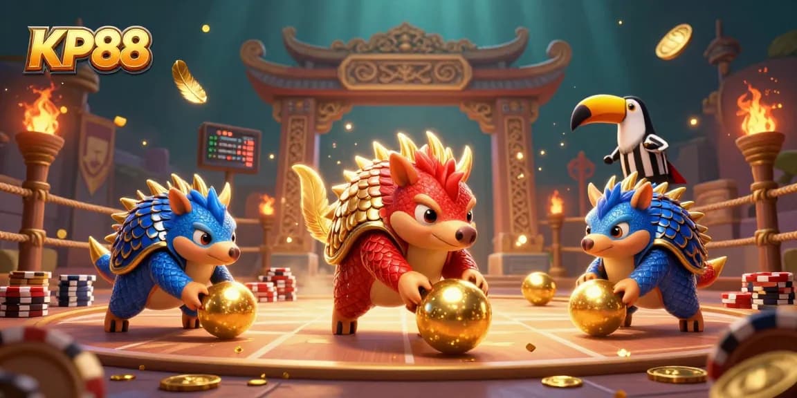 KP88 showcases rival pangolins in an energetic casino scene, bowling with poker chips and golden balls.
