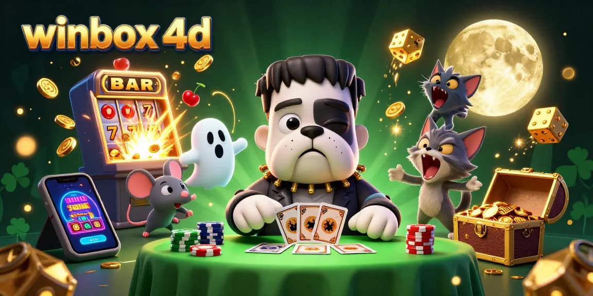 Engage in thrilling gaming action with winbox 4d as a cartoon bulldog dealer and magical characters.