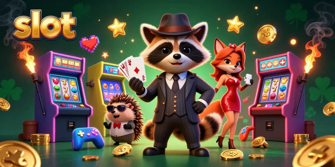 Slot gacor yang seru dengan karakter kartun, mesin arcade dan suasana kasino yang menarik.