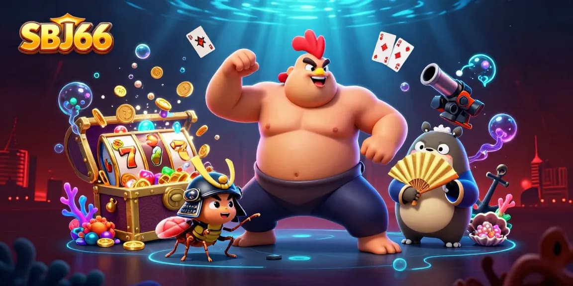 Engage with SBJ66 as a powerful sumo wrestler rooster stomps in a vibrant casino scene.