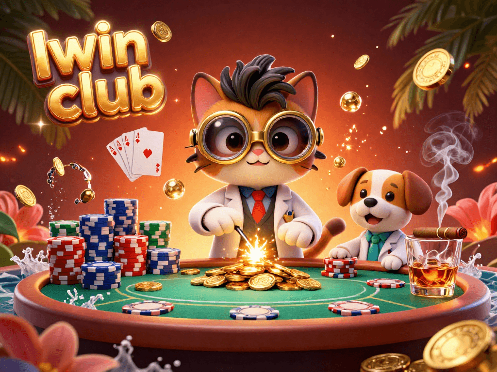 Join the Iwin club at a vibrant poker table with mad scientist characters and golden winnings!