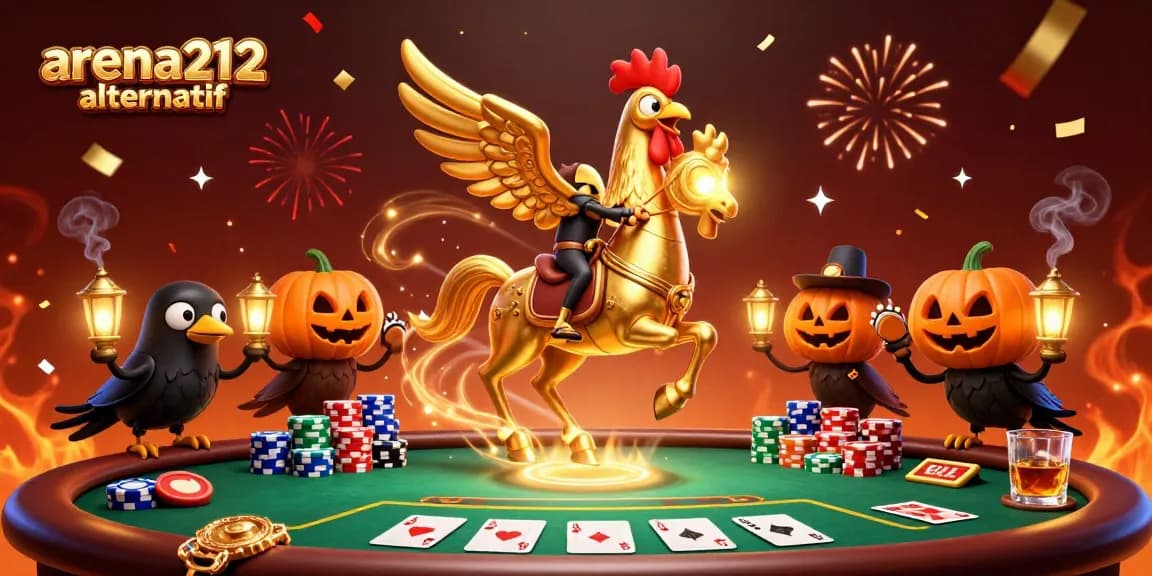 Gambarkan arena212 alternatif dengan ayam emas dan kawanannya di dalam kasino malam.