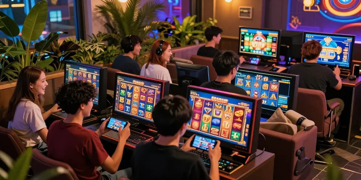 Players enjoying deposit tanpa minimal slot games in a vibrant online gaming environment with colorful graphics and joyful expressions.
