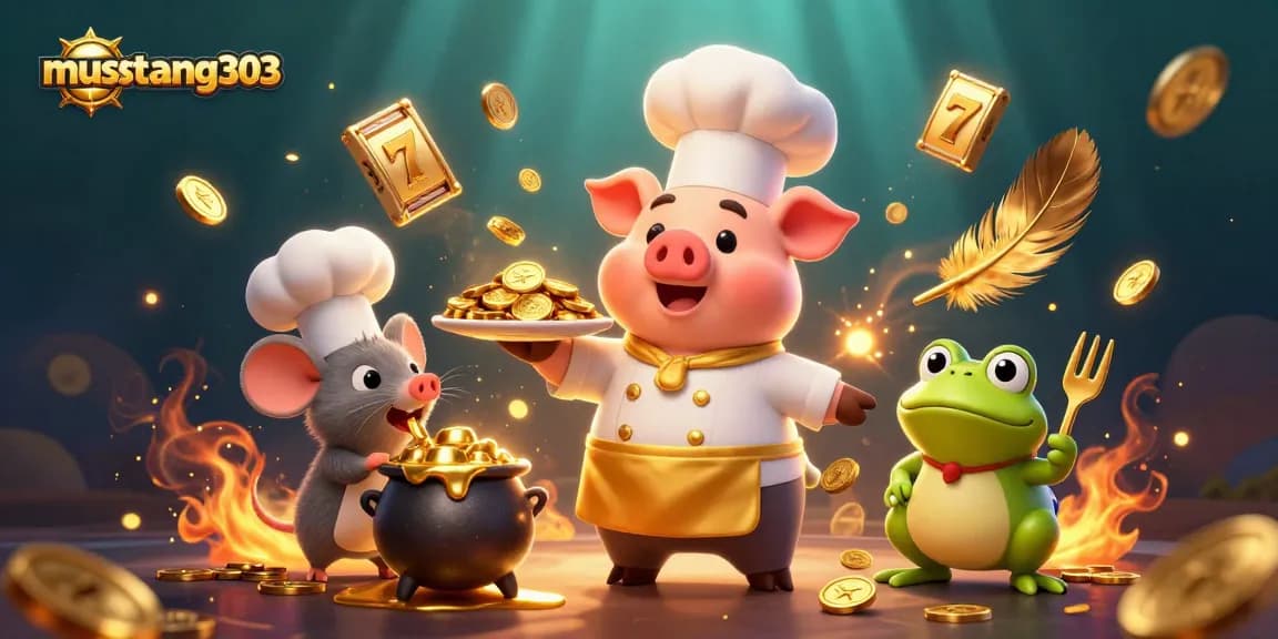 Engage with mustang303 at the slots, featuring a pig chef, mouse sous-chef, and frog critic in a vibrant casino scene.
