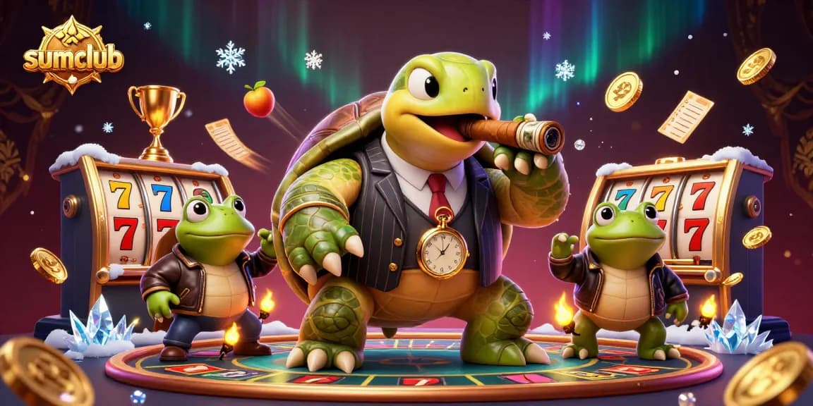 Sumclub dynamic casino scene with a turtle in a suit and lewd bullfrogs surrounded by slot games.