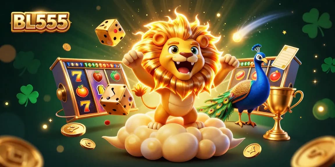 Spin the reels of BL555 as golden coins and slot symbols fly through the air in a vibrant casino scene.
