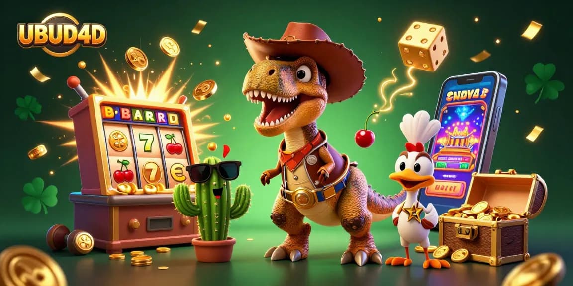 Engage in UBUD4D gaming action with a vibrant casino-themed illustration featuring playful characters.