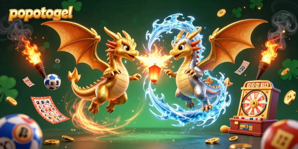Experience the thrill of popotogel with a vivid digital scene featuring dragons, lottery elements, and more.
