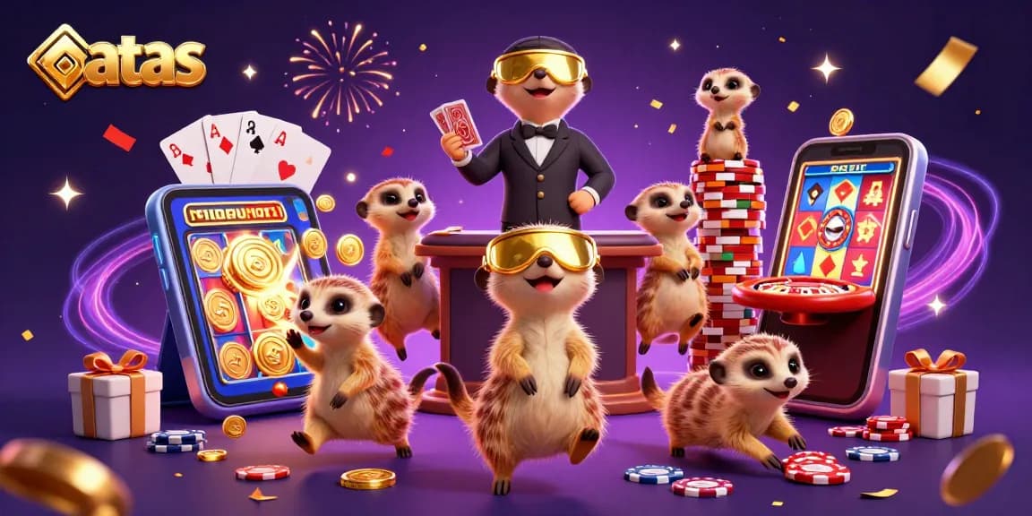 Experience gaming excitement at atas casino with playful meerkats managing a vibrant casino scene.