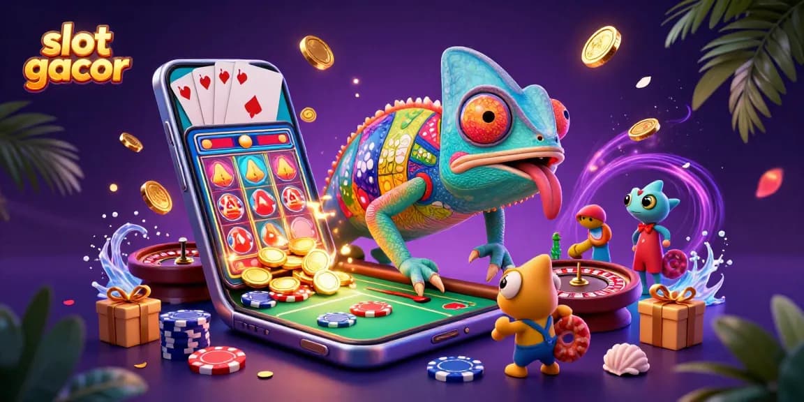 Experience thrilling action in slot gacor with a vibrant 3D chameleon casino owner amidst colorful game elements.