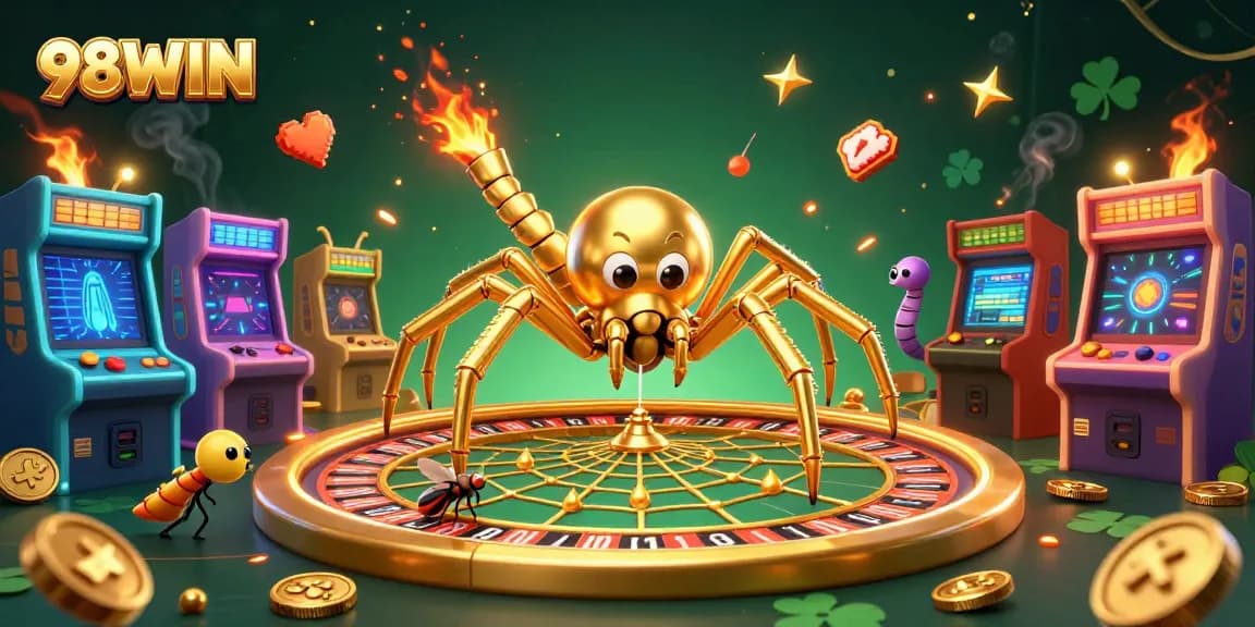Engage with thrilling 98WIN bets at a vibrant casino scene with colorful arcade game elements.