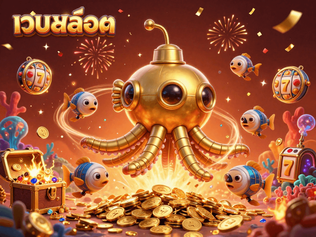 Engage with เว็บสล็อต in a dynamic underwater adventure featuring gold coins and slot reels.