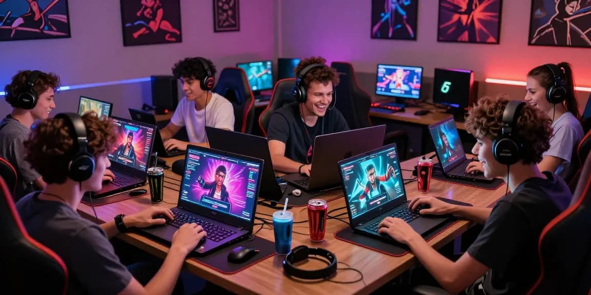 Players enjoying mind control porn games on multiple devices in a cozy gaming lounge.