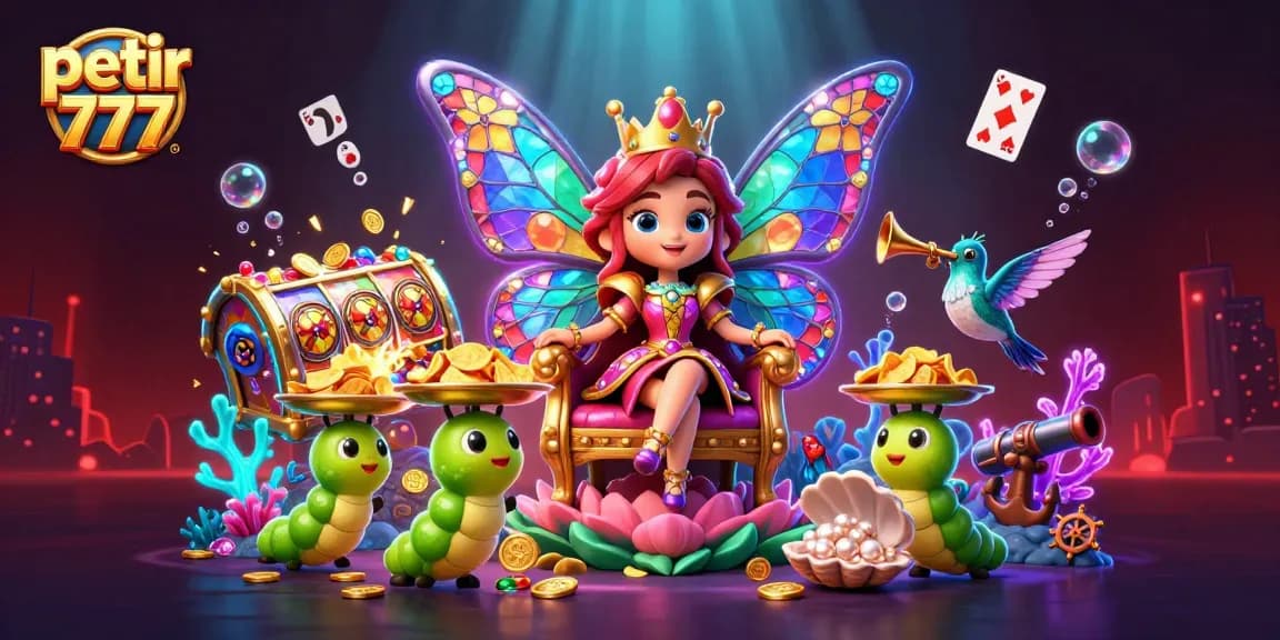 Experience the excitement of petir 777 slots with vibrant characters and dynamic casino elements swirling in an underwater treasure scene