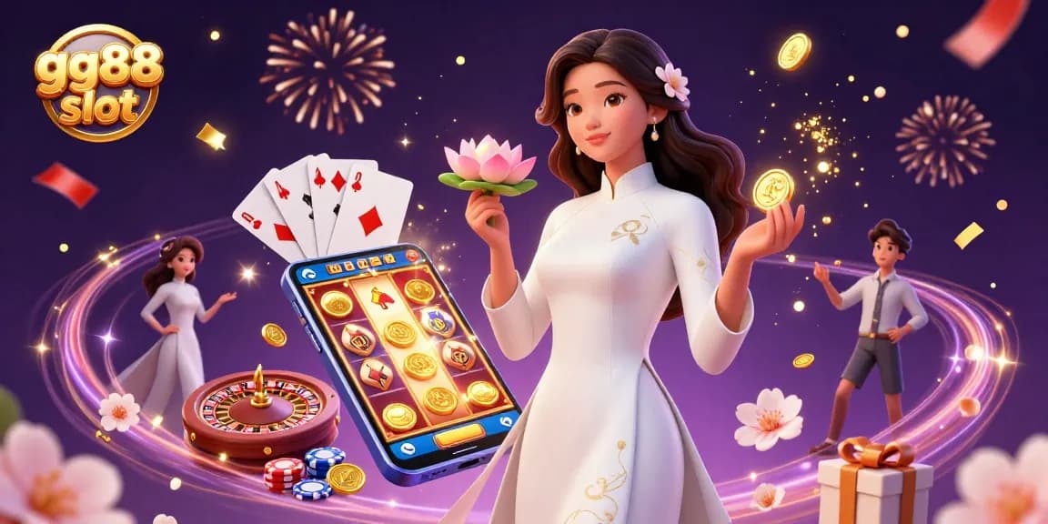Experience the thrill of gg88 slot with vibrant casino action featuring an elegant Asian woman in traditional attire surrounded by dynamic game elements.