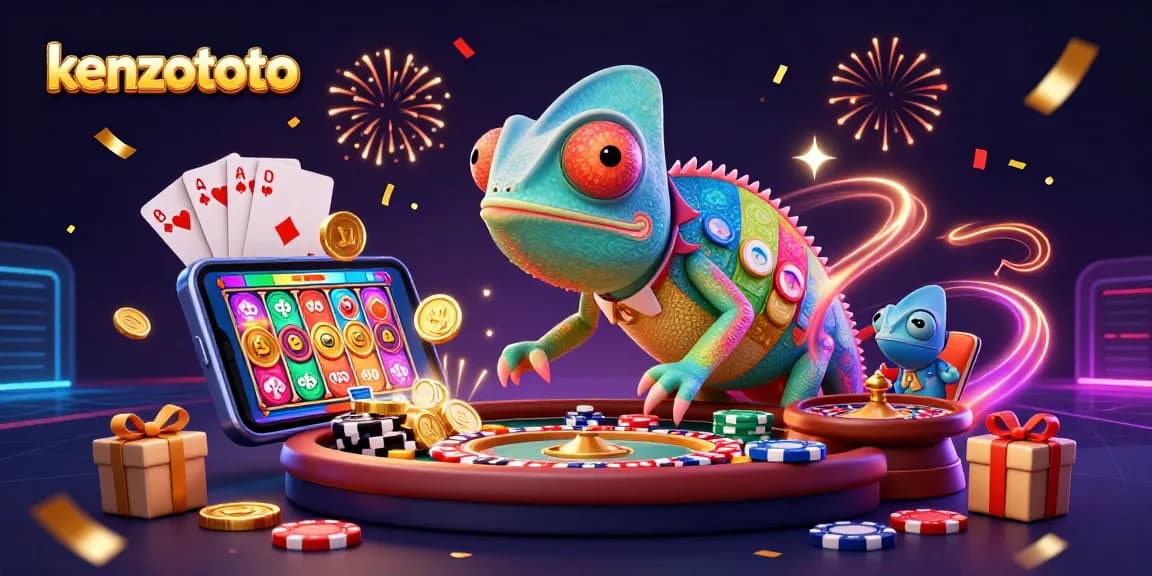Kenzototo showcases dynamic casino fun with a colorful chameleon owner, poker elements, and festive excitement.