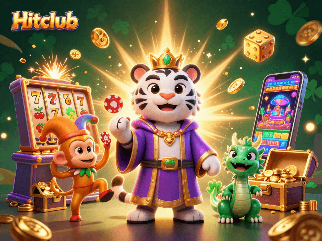 Join Hitclub at the vibrant casino scene featuring a white tiger, monkey, and jade dragon unleashing jackpots!