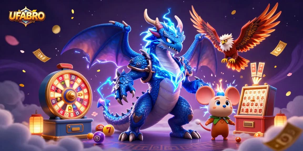 Win big with UFABRO's vibrant thunder dragon, fierce hawk, and electrostatic mouse in an exciting casino scene