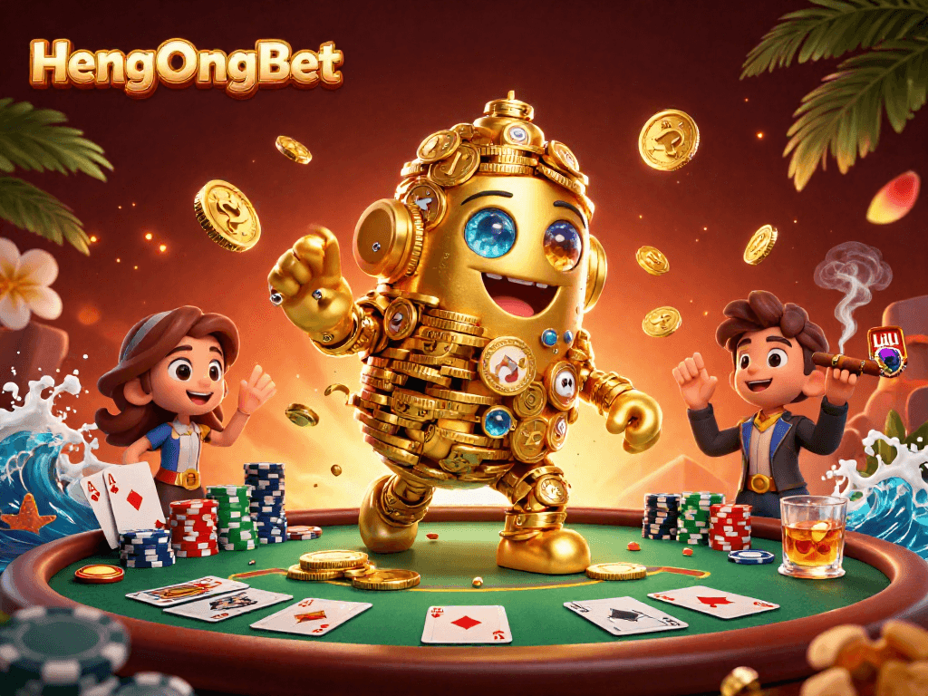 HengOngBet showcases an ancient golden golem surrounded by vibrant poker elements in a dynamic casino scene.