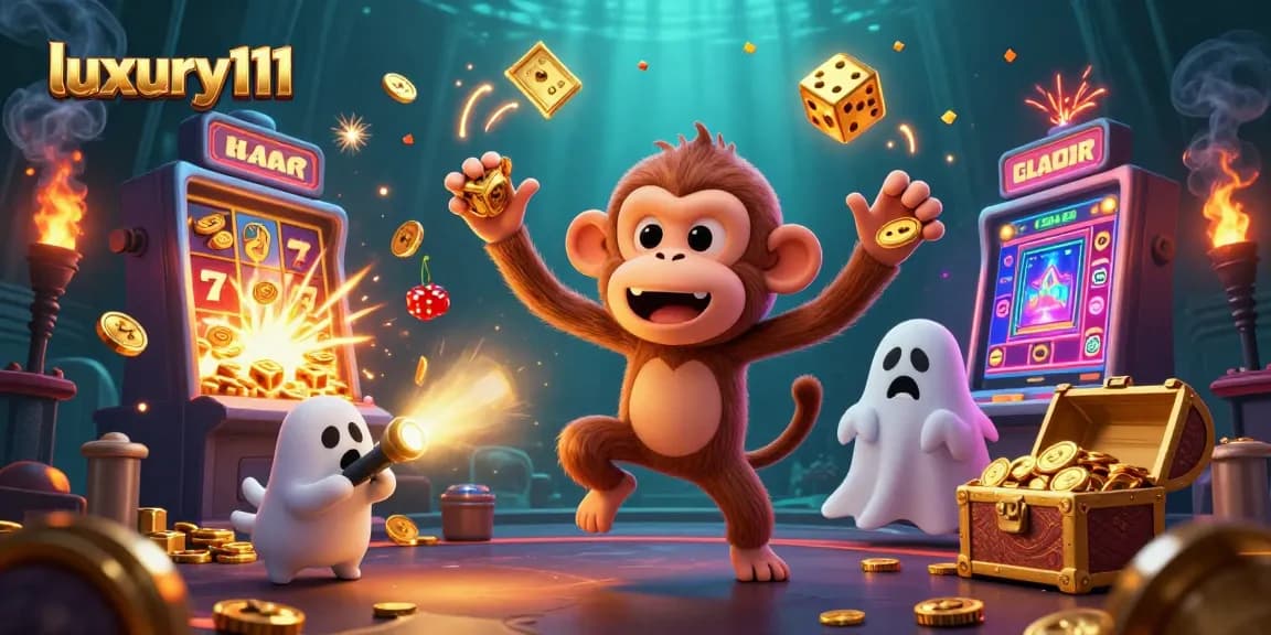 Experience thrilling gameplay at luxury111 with a mischievous poltergeist monkey and ghost-hunter puppy in a dynamic casino.