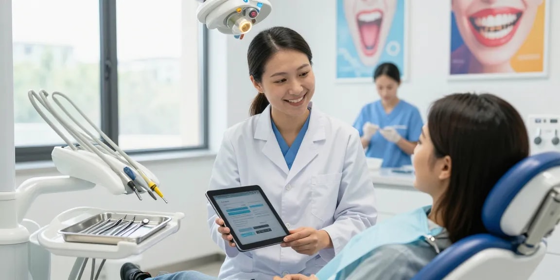 Check out this site for a welcoming dental clinic atmosphere, featuring a dentist assisting a patient with modern equipment.