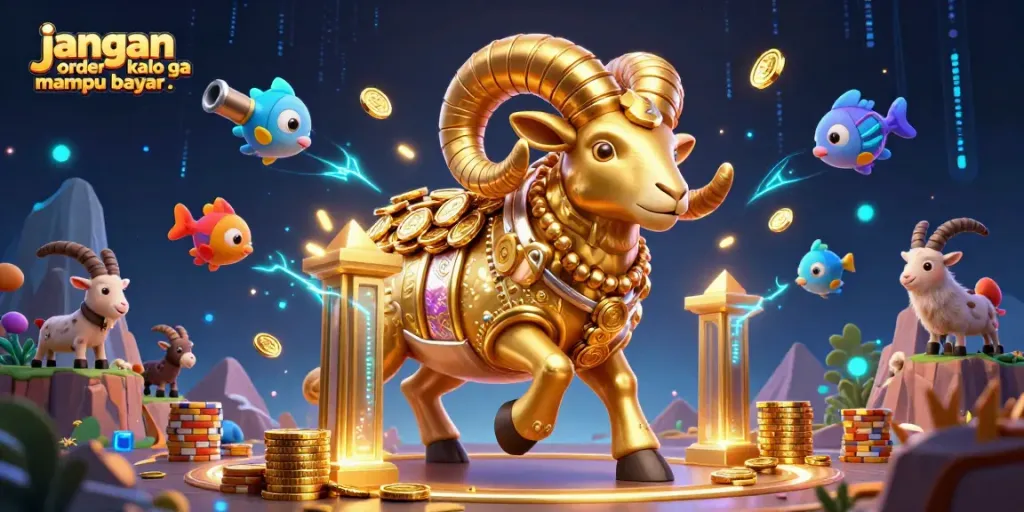 A colorful 3D illustration of fish shooting game scene showing massive golden ram charging with sea creatures and underwater elements, embodying "jangan order kalo ga mampu bayar..".