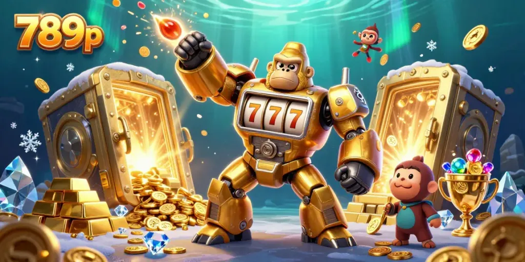 Experience the excitement of 789p's dynamic casino world with a golden gorilla mech and treasures galore.