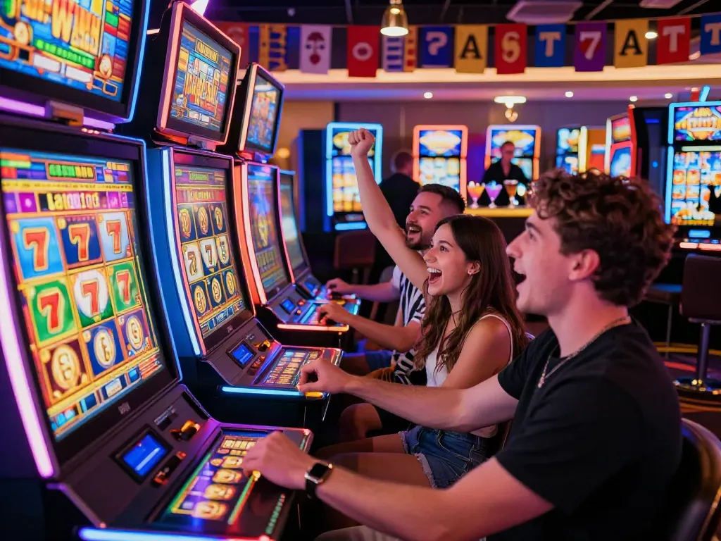 Exciting casino scene with friends playing the Lucky777 slot machines and celebrating wins.