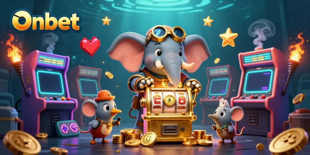 Experience exciting gameplay at Onbet with a steampunk elephant and whimsical casino elements.