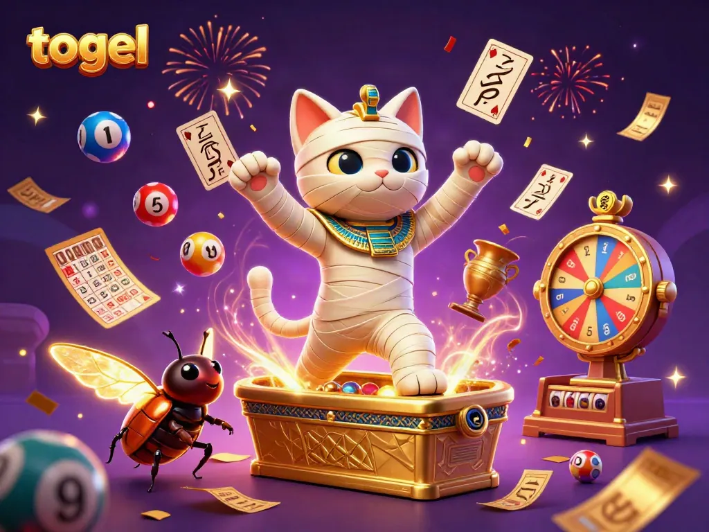 Engage in exciting togel action with a 3D animated mummy cat and vibrant casino elements.