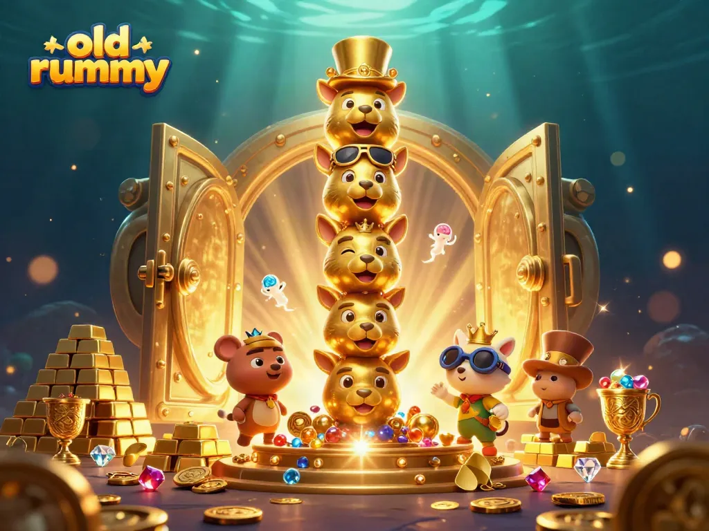 Permainan kartu old rummy ditampilkan dalam ilustrasi 3D yang penuh warna dan detail menarik.