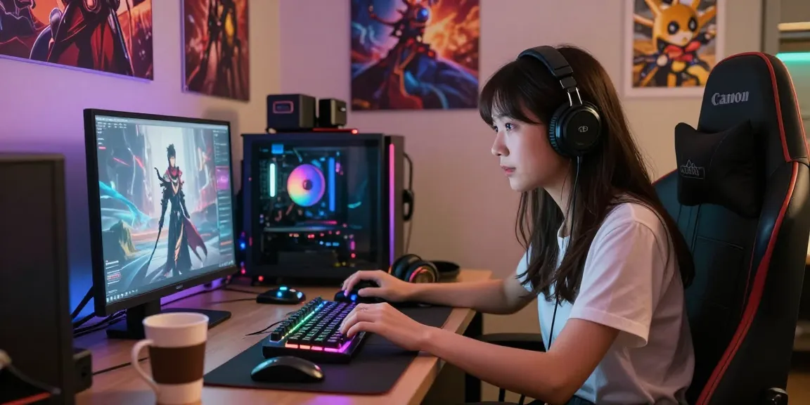 Engaging with an NSFW AI girlfriend on a vibrant gaming setup with modern equipment.
