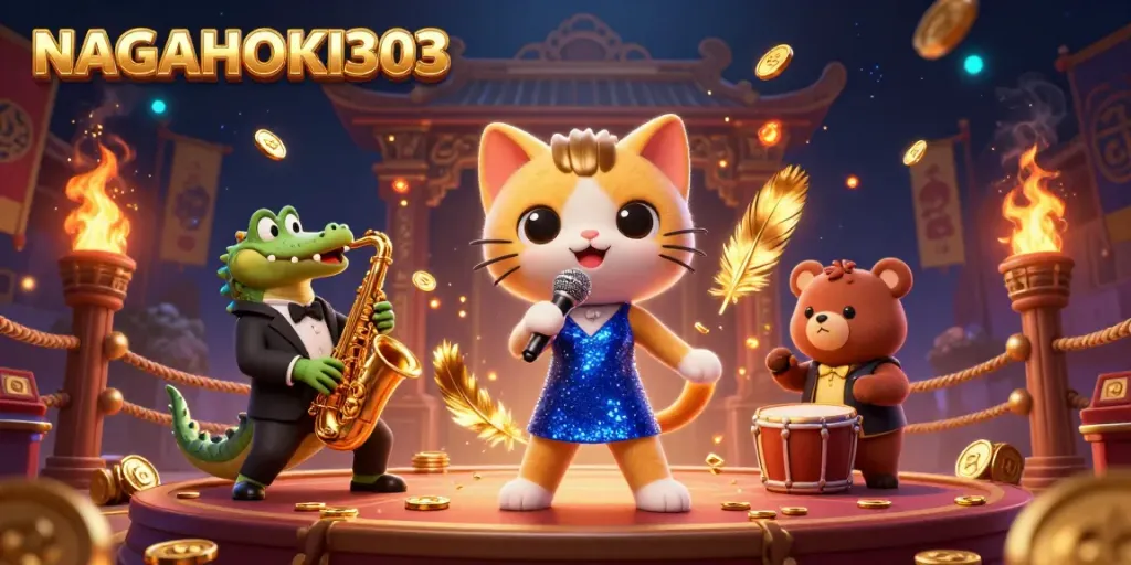 Gambar dari NAGAHOKI303 yang menunjukkan kucing jazzy menyanyi di panggung kasino dikelilingi koin emas.