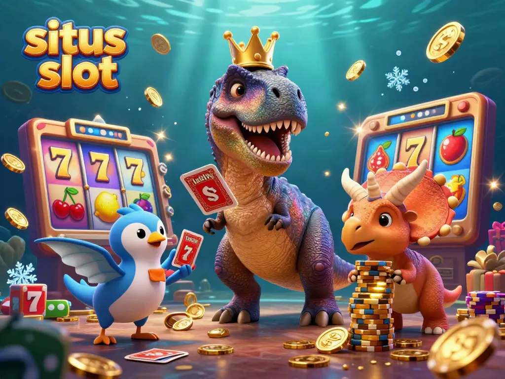 Gambar permainan slot dengan karakter unik T-Rex, pterodactyl, dan triceratops di atas gulungan slot.