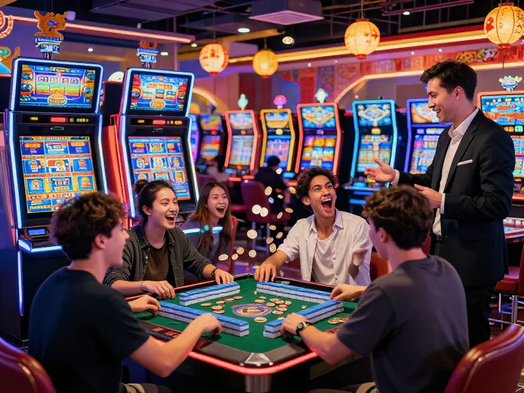 Pengalaman bermain Mahjong Ways 2 di kasino dengan mesin slot yang berwarna-warni dan pemain yang bersenang-senang.