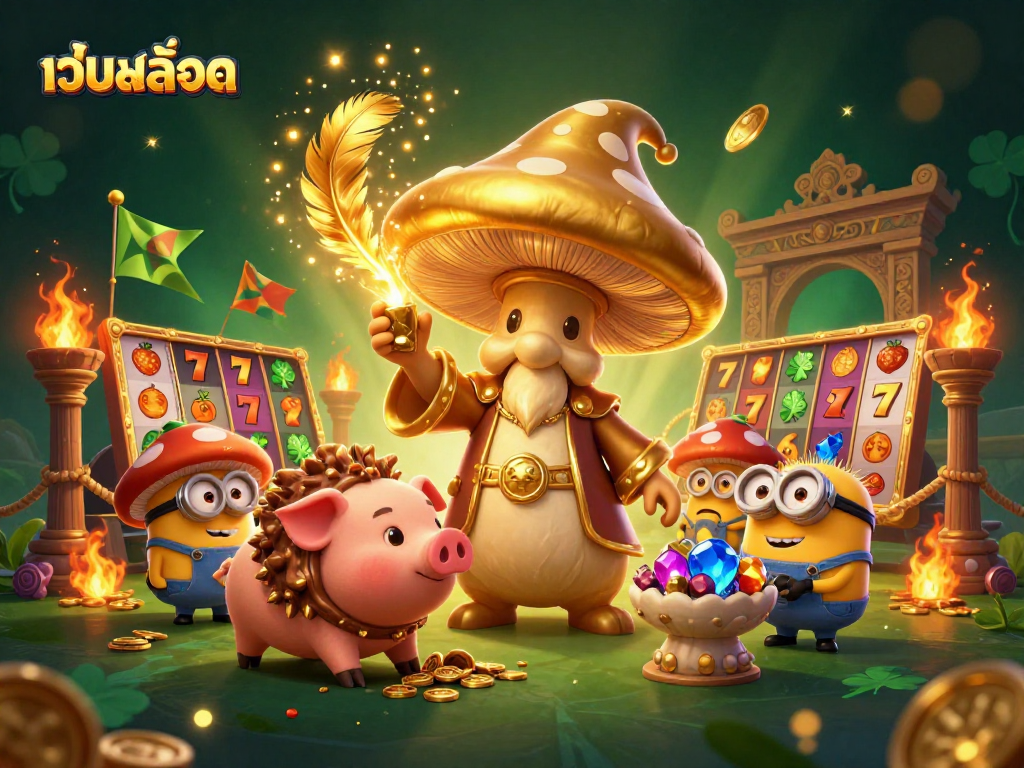 Experience the excitement of เว็บสล็อต as a golden wizard and pig uncover treasures in a vibrant casino scene.
