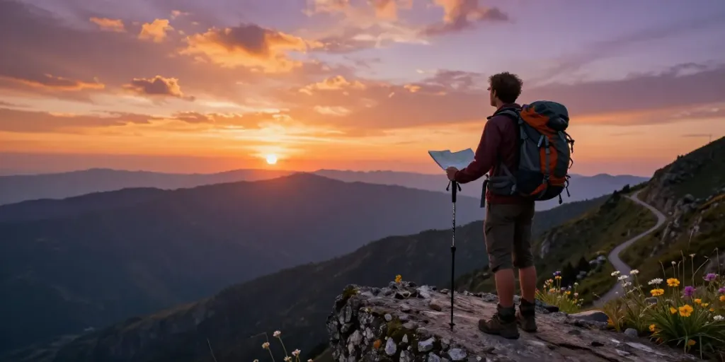 Traveler experiencing a stunning sunset view while kunjungi halaman at a scenic mountain cliff.