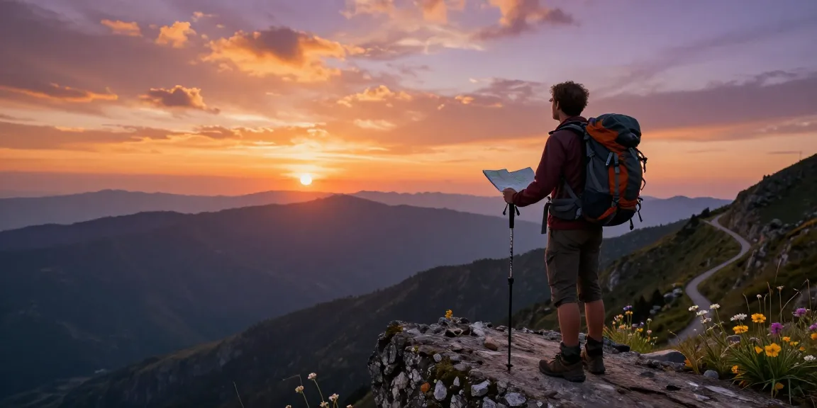 Traveler experiencing a stunning sunset view while kunjungi halaman at a scenic mountain cliff.
