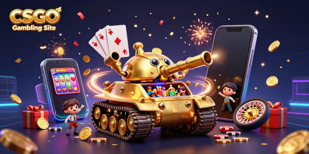 Engage with exhilarating gameplay on a CSGO Gambling Site featuring vibrant 3D casino elements.